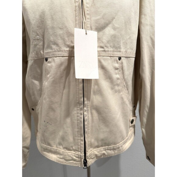 ZARA Men Paint Splatter Denim Jacket Contrast Collar Medium Oyster White - Picture 6 of 16